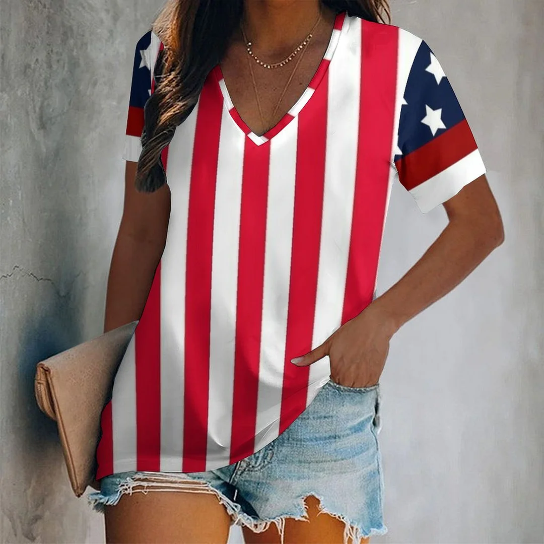 V-neck Short Sleeve Casual T-shirt for  Women Printed with Pattern USA, Independence Day, Star, Striped, Blue, Red