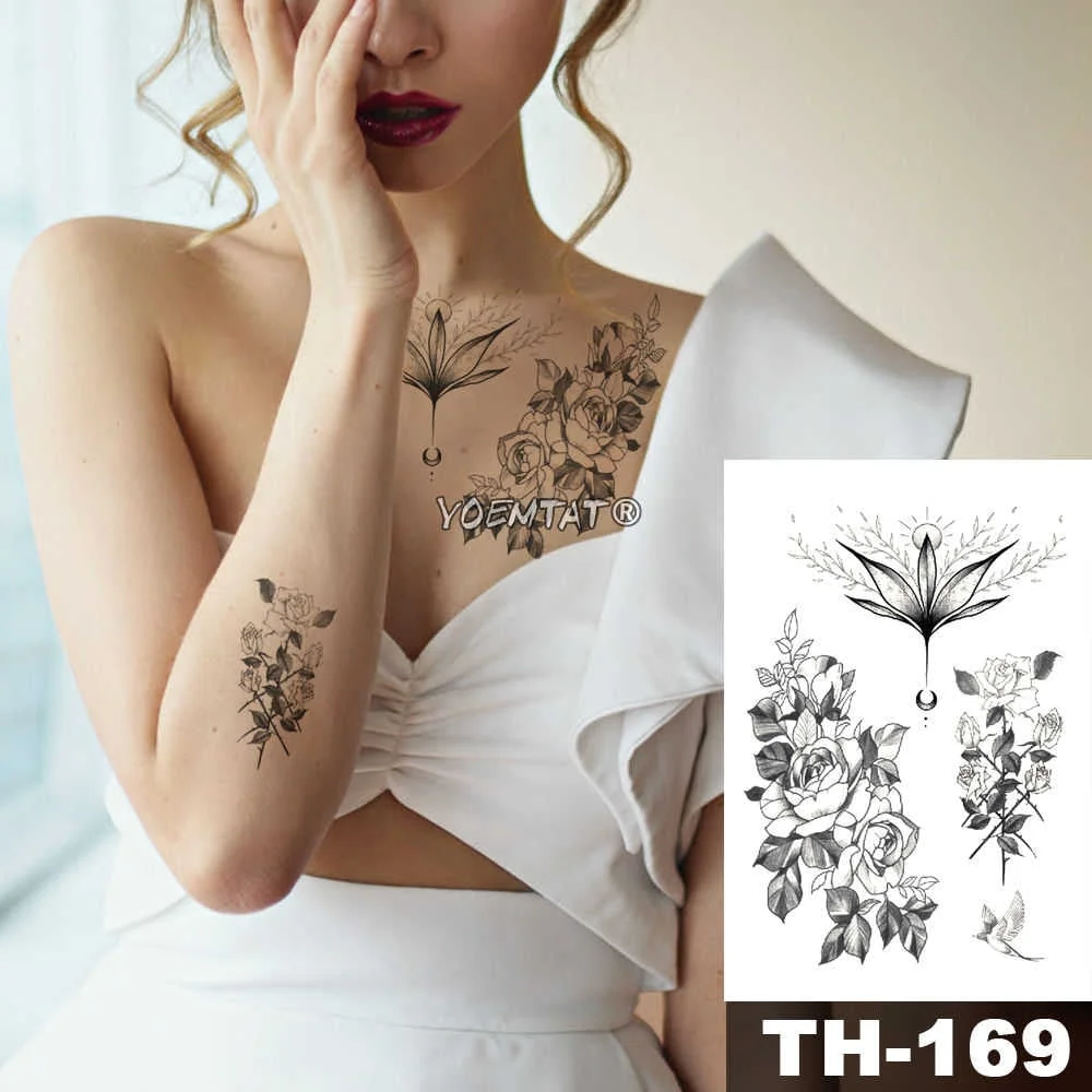 Heart shaped Clock Jewel Rose Waterproof Temporary Tattoo Sticker Black Arm Back Flowers Big Tatto Body Art Fake Tatoo For Women