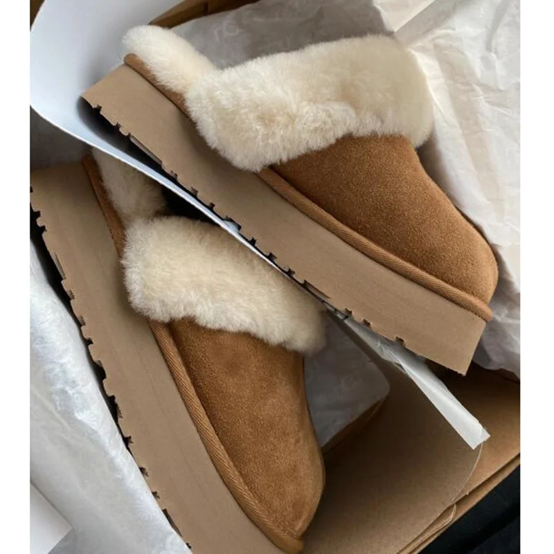 Colourp Women Fur Slippers Warm Boots Platform Flip Flops 2022 New Short Plush Flats Home Cotton Shoes Suede Mules Ladies Boots