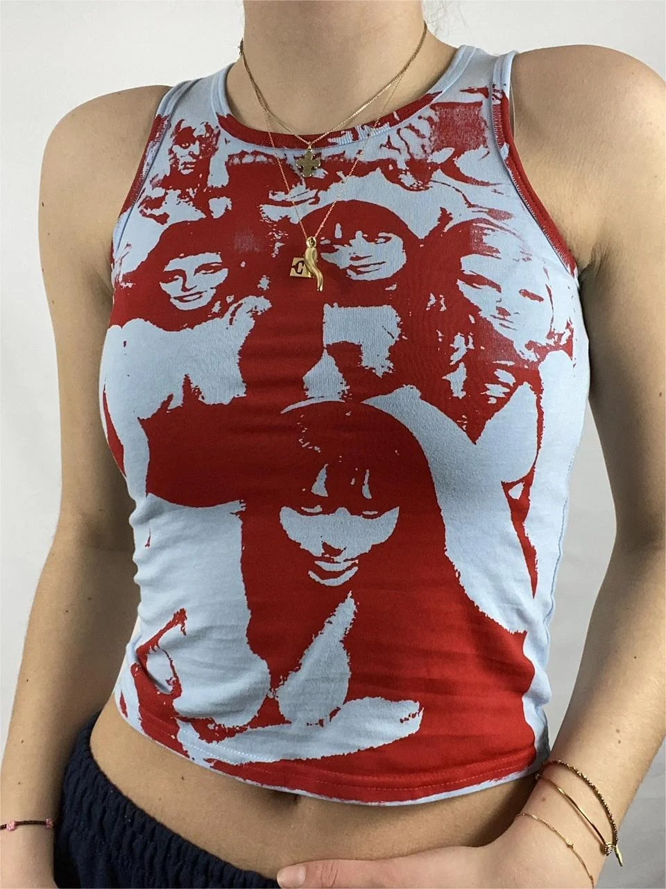 Brownm tank top with vintage girl graphic