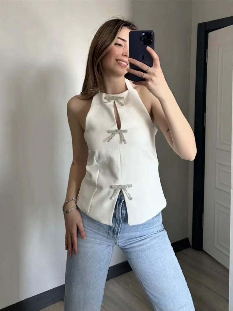 Nigikala Nigikala Summer New Bow Ornament Hanging Neck Repair Small Waistcoat Woman B88687