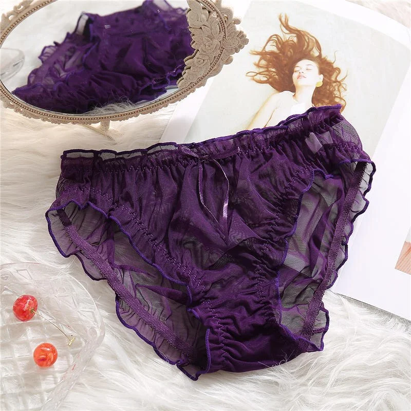 Women Panties Sexy Underwear Female Perspective Lingerie Black/Wine/Purple Solid Color Briefs Women's Pantys Underpants Ruffle