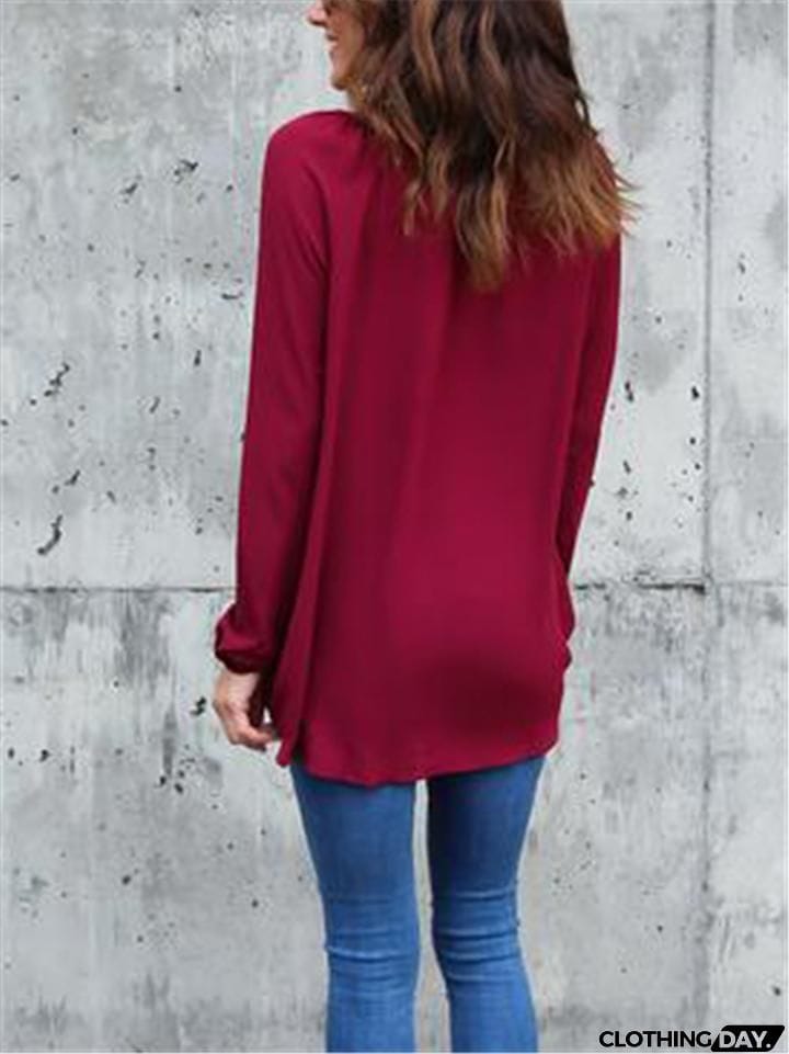 Relaxed Fit V Neck Solid Color Long Sleeve Button Up Chiffon Blouse