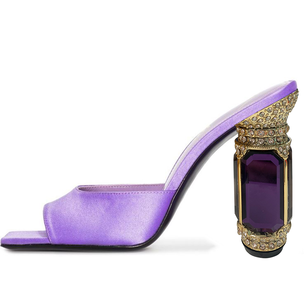 Purple Satin Square Toe 4'' Decorative Heel Wide Band Mules Nicepairs