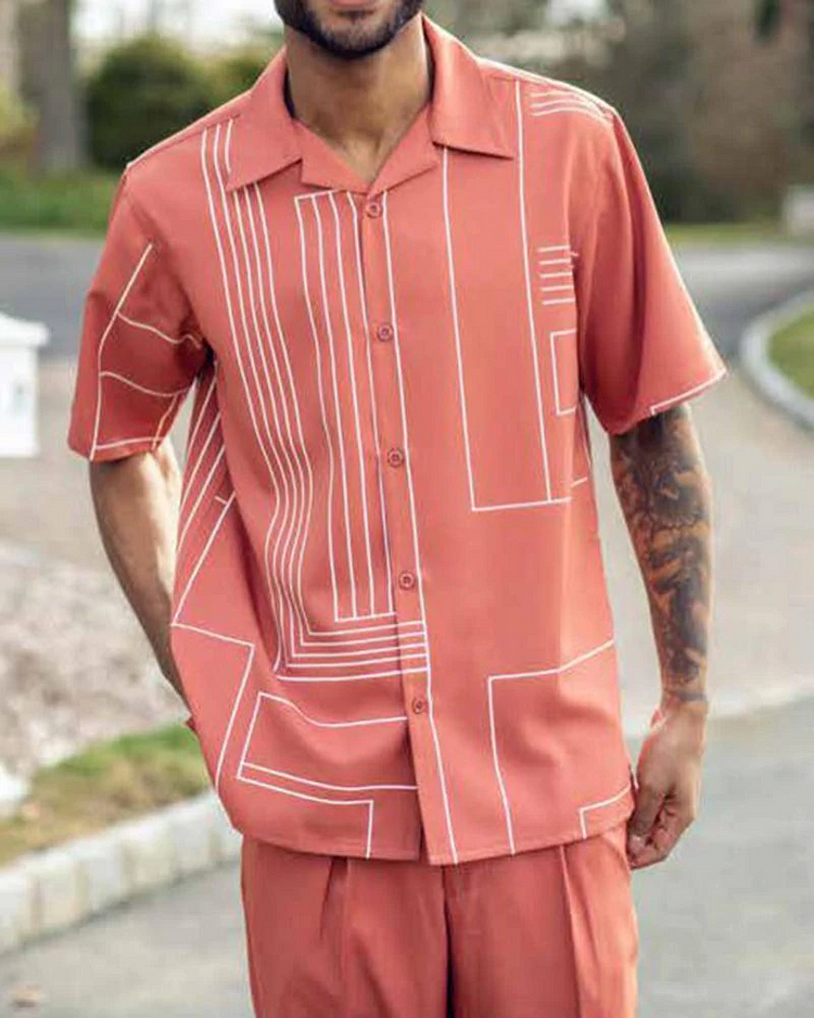 Short Sleeve Print Walking Suit Set With Long Pants