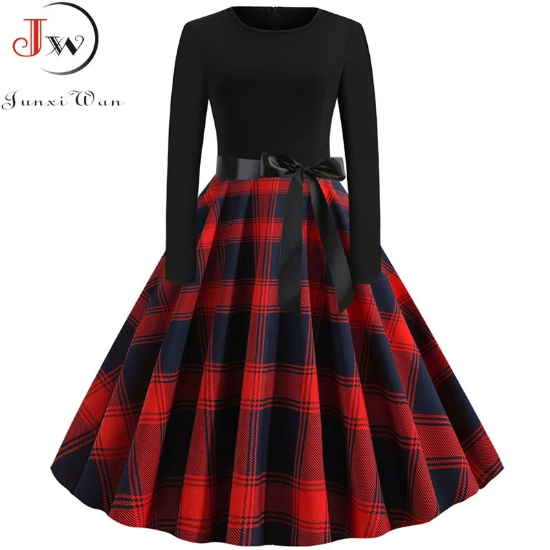 New Autumn Winter Women Plaid Print Dress Elegant Casual Vintgae Dress Robe Femme Black Patchwork A-line Party Vestidos