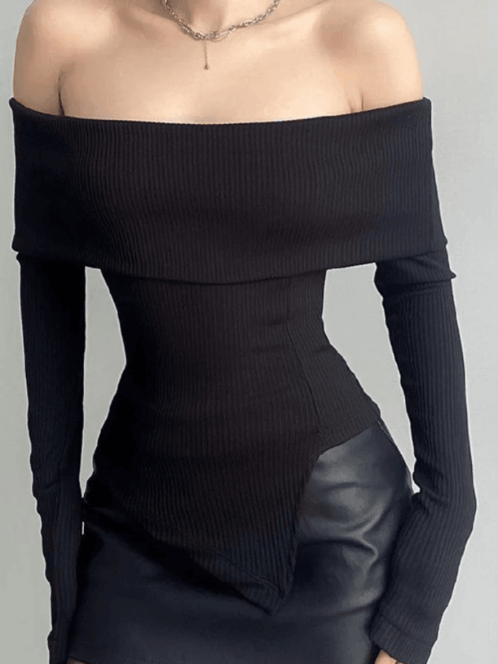 Brownm Off Shoulder Black Ribbed Long Sleeve Knit Top