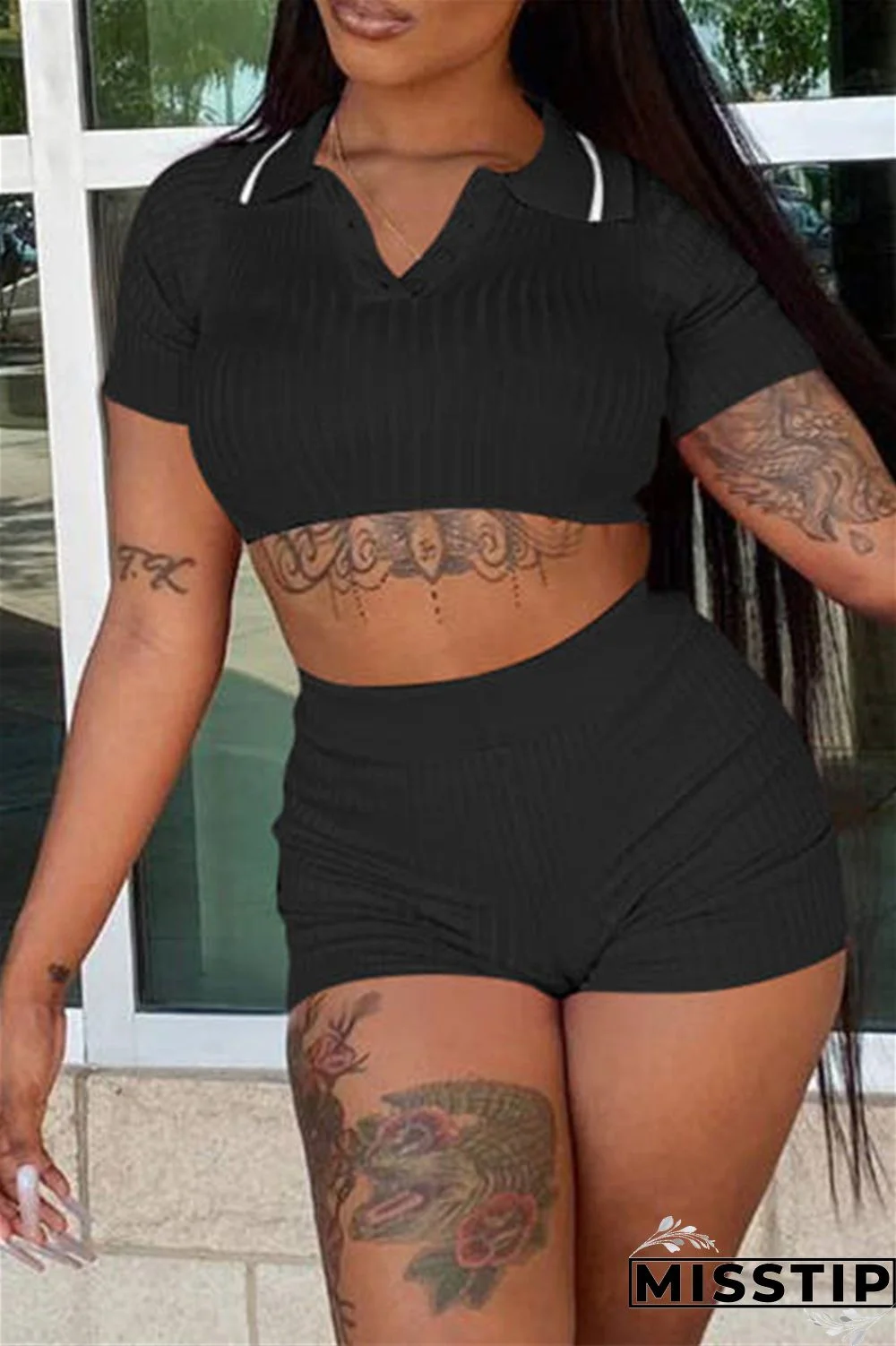 Black Fashion Casual Solid Basic Turndown Collar Short Sleeve Two Pieces