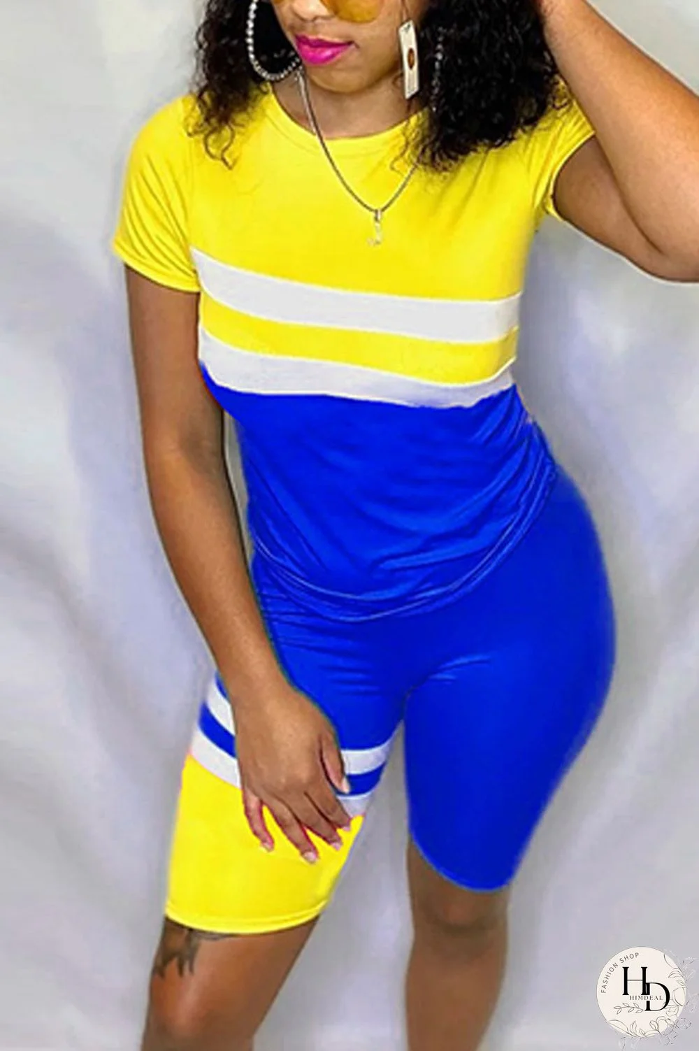 Red Polyester Fashion Casual Patchwork Print Two Piece Suits pencil Short Sleeve Two Pieces