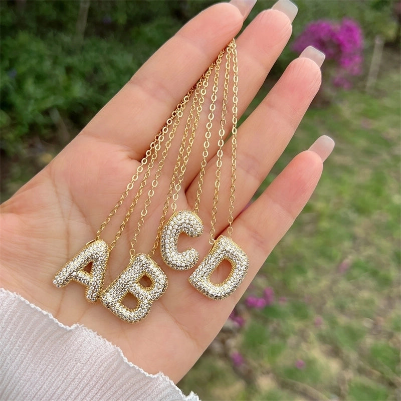 Copper 18K Gold Plated Hip-Hop Minimalist Classic Style Polishing Inlay Letter Zircon Pendant Necklace