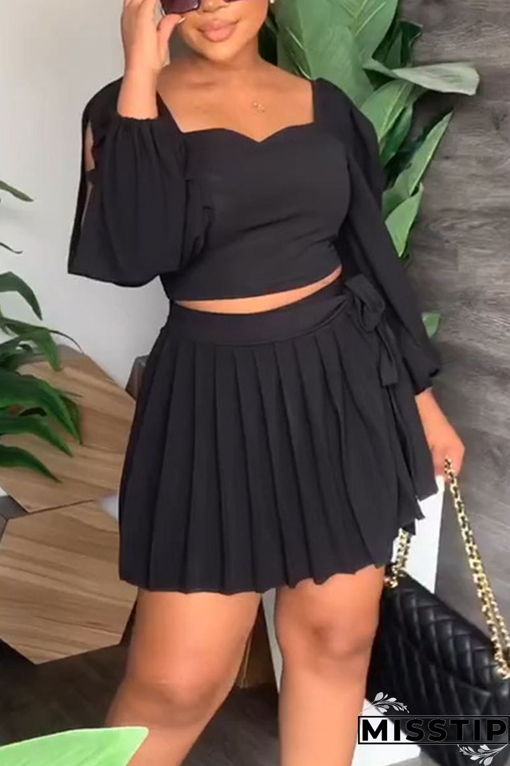 Black Casual Solid Bandage Patchwork Fold Square Collar Long Sleeve Two Pieces