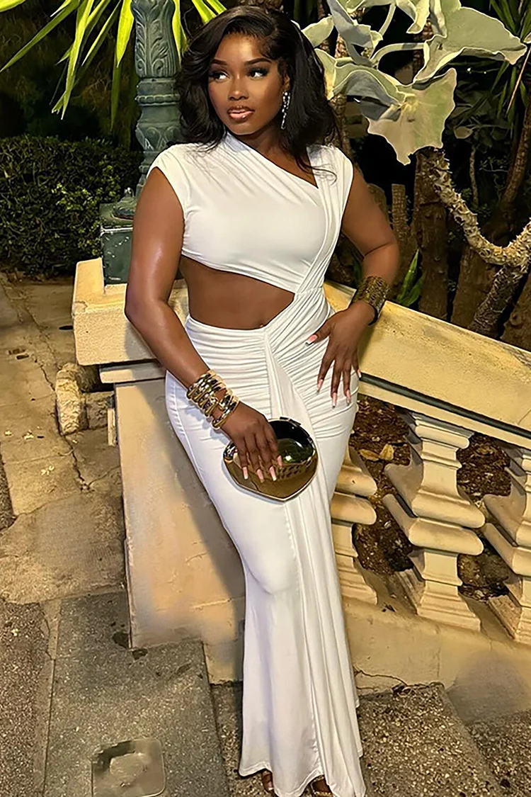 Asymmetrical Neckline Cap Sleeve Cutout Ruched Bodycon Maxi Dresses-White