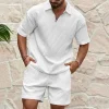 Men's Casual Waffle-Knit Solid-Color Polo Shirt & Tracksuit Set by Inlyline
