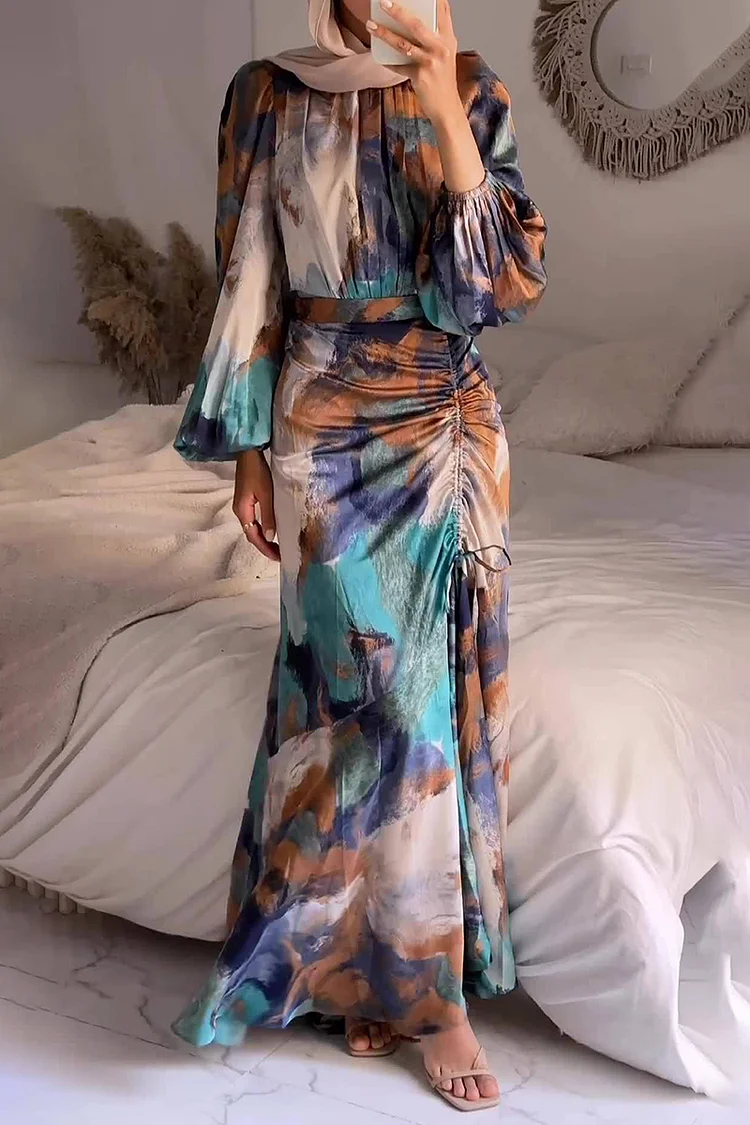 Mock Neck Lantern Sleeve Abstract Print Cinch Waist Ruched Maxi Dresses