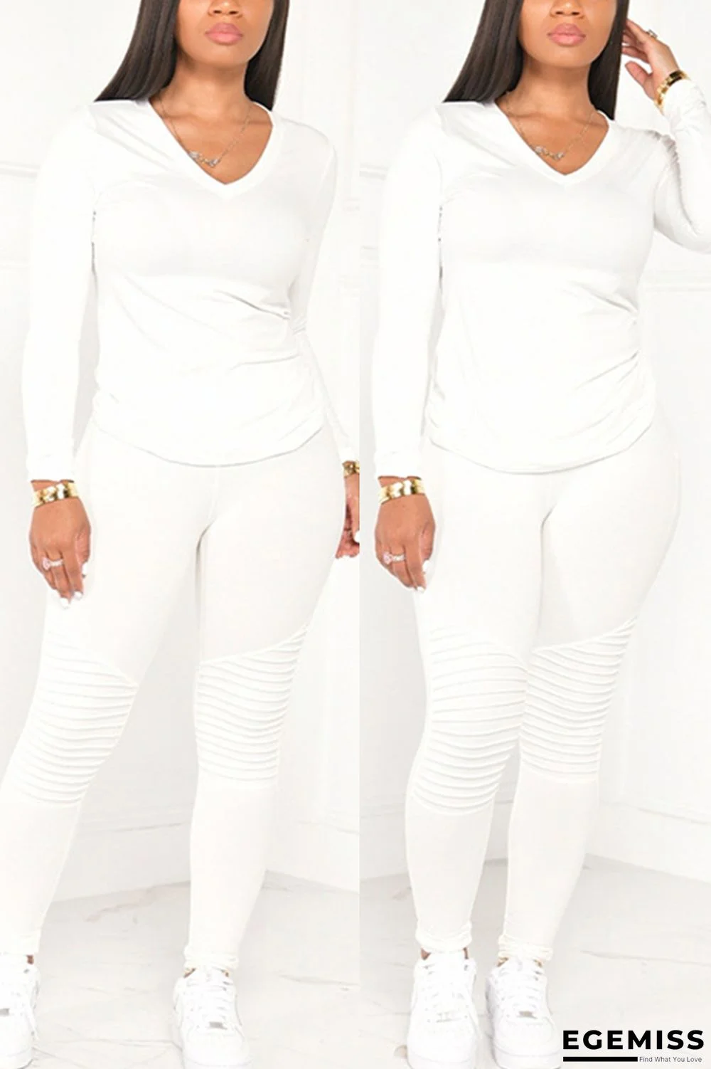 White Fashion Casual Long Sleeve V Neck Regular Sleeve Regular Solid Two Pieces | EGEMISS