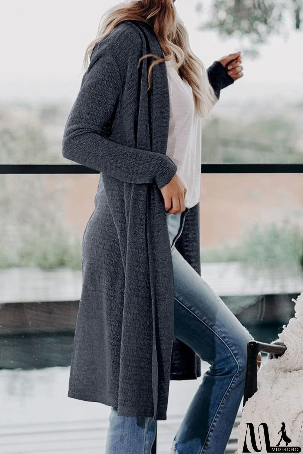 MidiSono - Slouchy Pocketed Knit Longline Cardigan