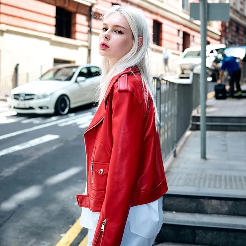FTLZZ Autumn Faux Leather Coat Women Red PU Leather Jacket Women Short Biker Jackets Turn Down Collar Slim Motorcycle Outwear