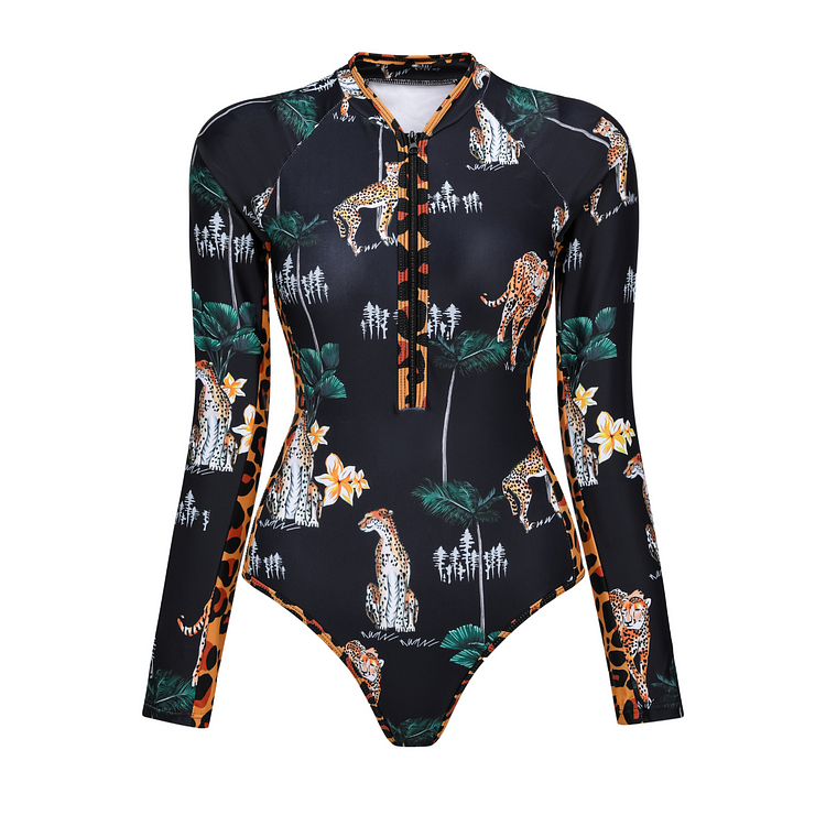 Long Sleeve Zip Front Printed One Piece Surf Swimsuit Flaxmaker