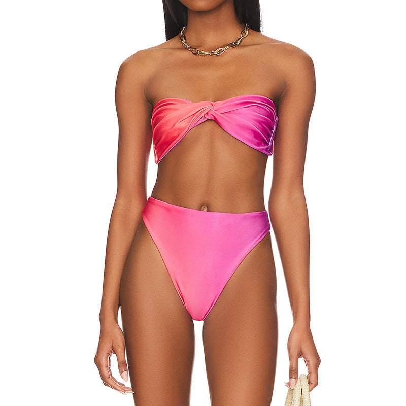 Gradient Color Split Swimsuit Outer Single Women Swimsuit Split Tube Top Twist Cup Bikini