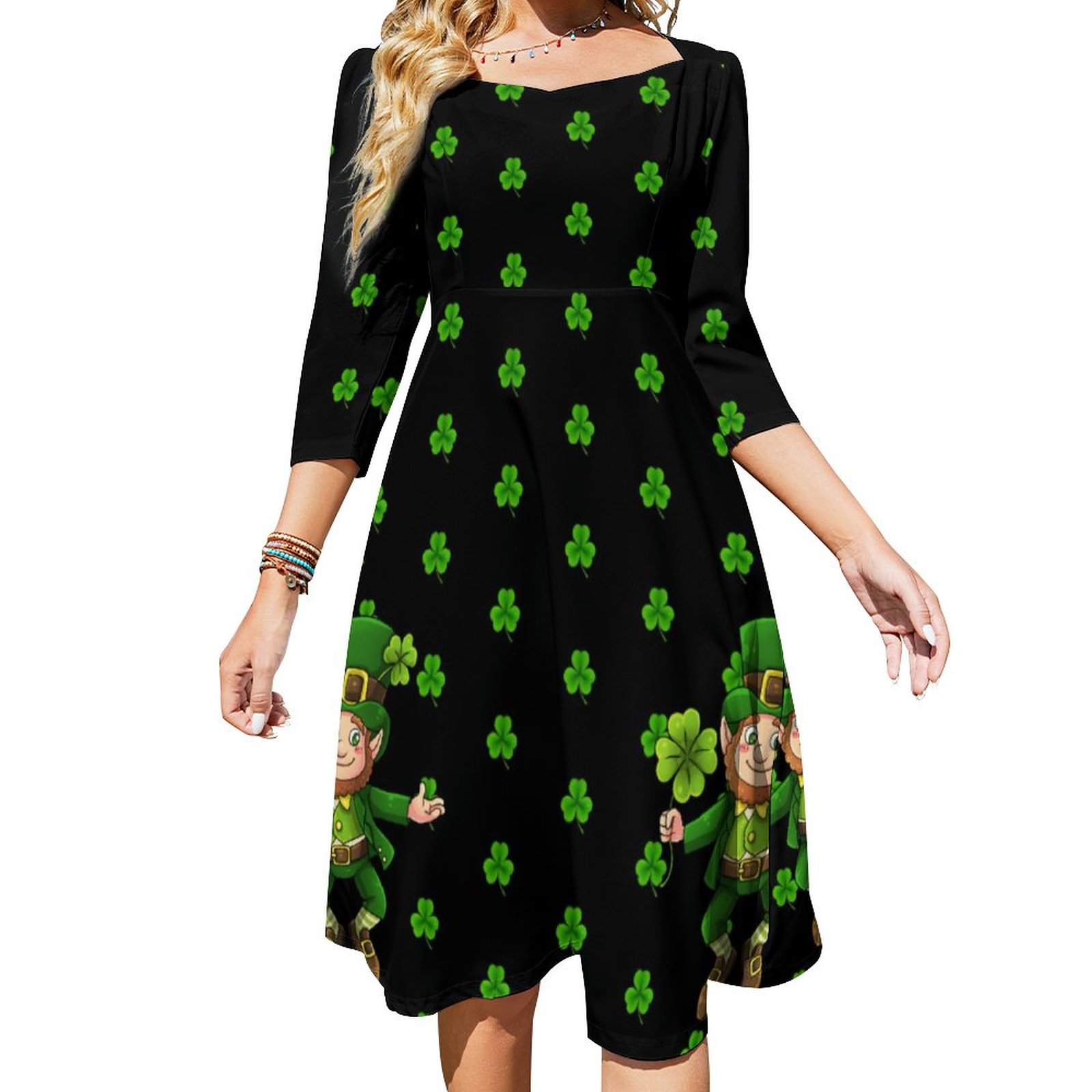 Shake The Shamrocks St Patricks Day Dress Sweetheart Tie Back Flared 3/4 Sleeve Midi Dresses