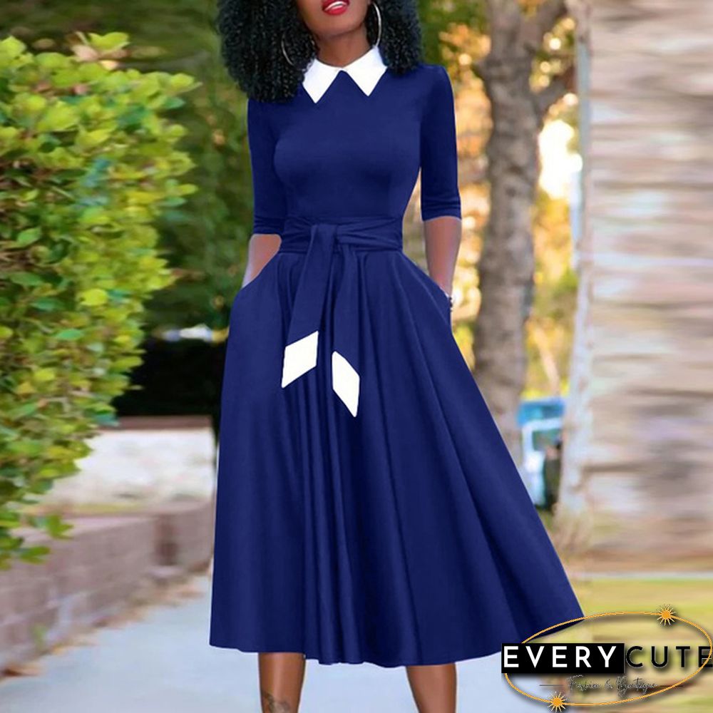 Womens Full Sleeved Autumn Belt Solid Slim Party Side Pockets Retro A-Line Pleated Long