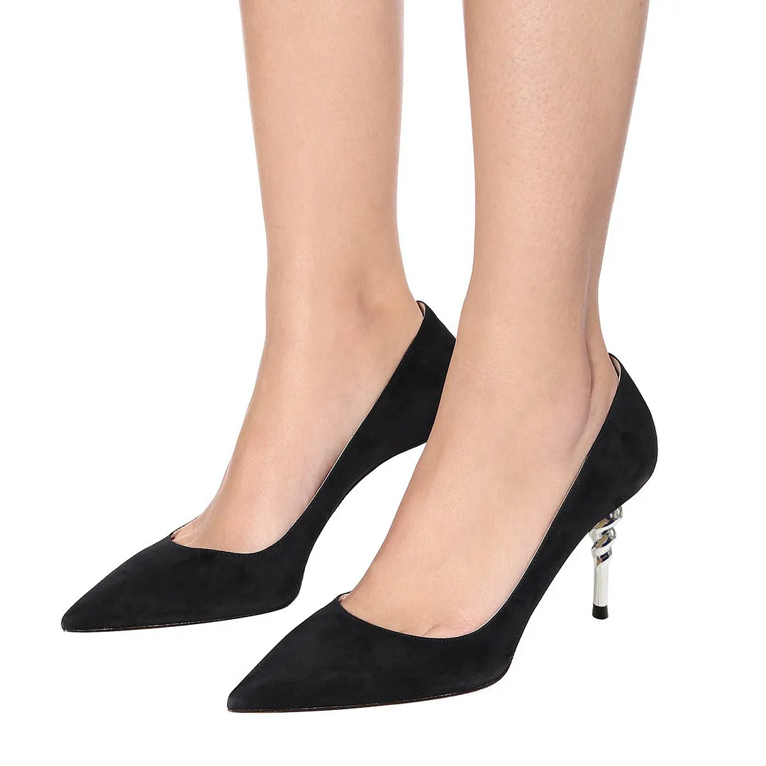 YDN Classic Vegan Suede Decorative Heel Black Pumps for Women