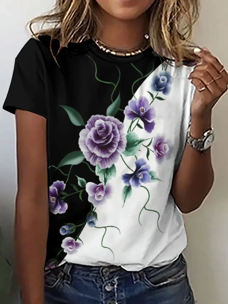 Printed Short Sleeve Casual T-shirt for  Women and Men Unisex Pattern Black, Floral, Purple, Blue