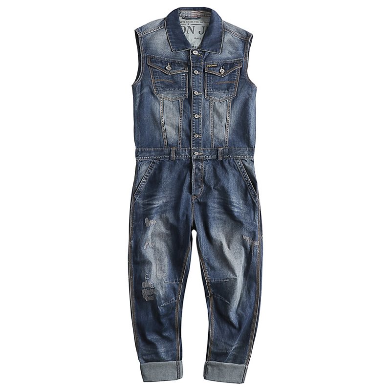 Washed And Worn Denim Straight Loose Fitting Suit Jumpsuit