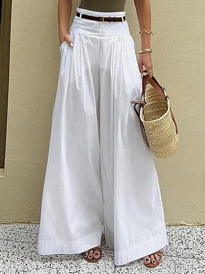 Image of Loose Wide Leg Belted Solid Color Casual Pants Bottoms Trousers