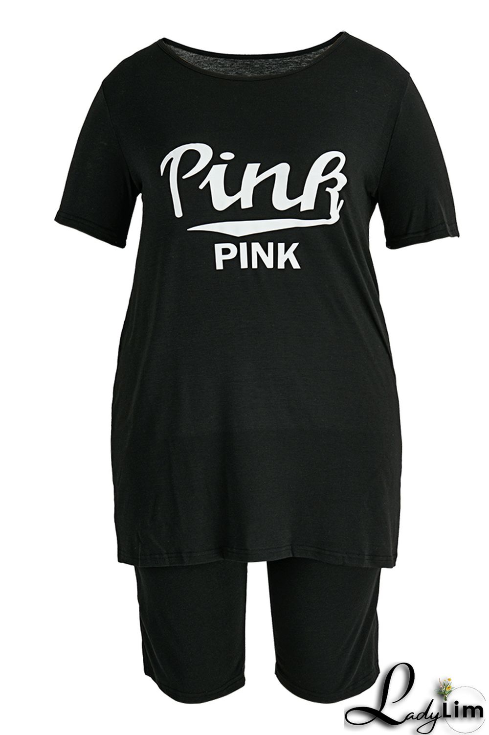 Grey Fashion Casual Letter Print Basic O Neck Plus Size Two Pieces