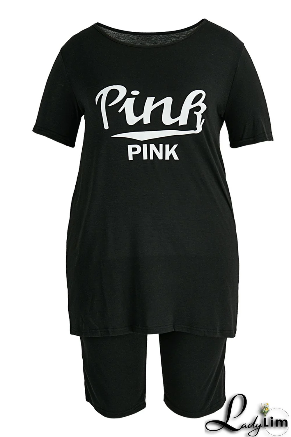 Grey Fashion Casual Letter Print Basic O Neck Plus Size Two Pieces