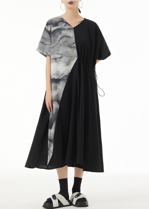 VCSHOES Loose Black V Neck Print Patchwork Maxi Dresses Summer