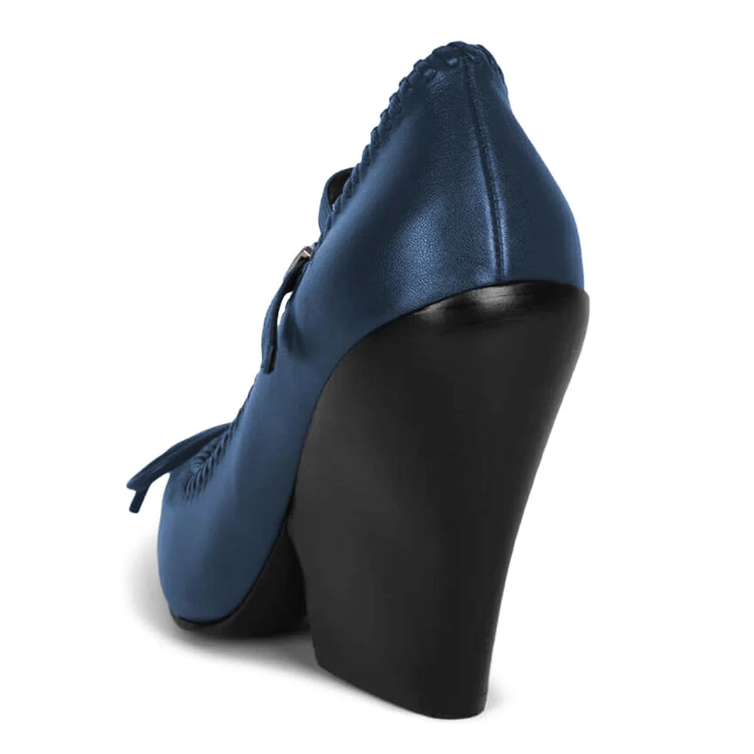 Navy Square Toe Bow Chunky Heel Buckle Strap Mary Jane Pumps