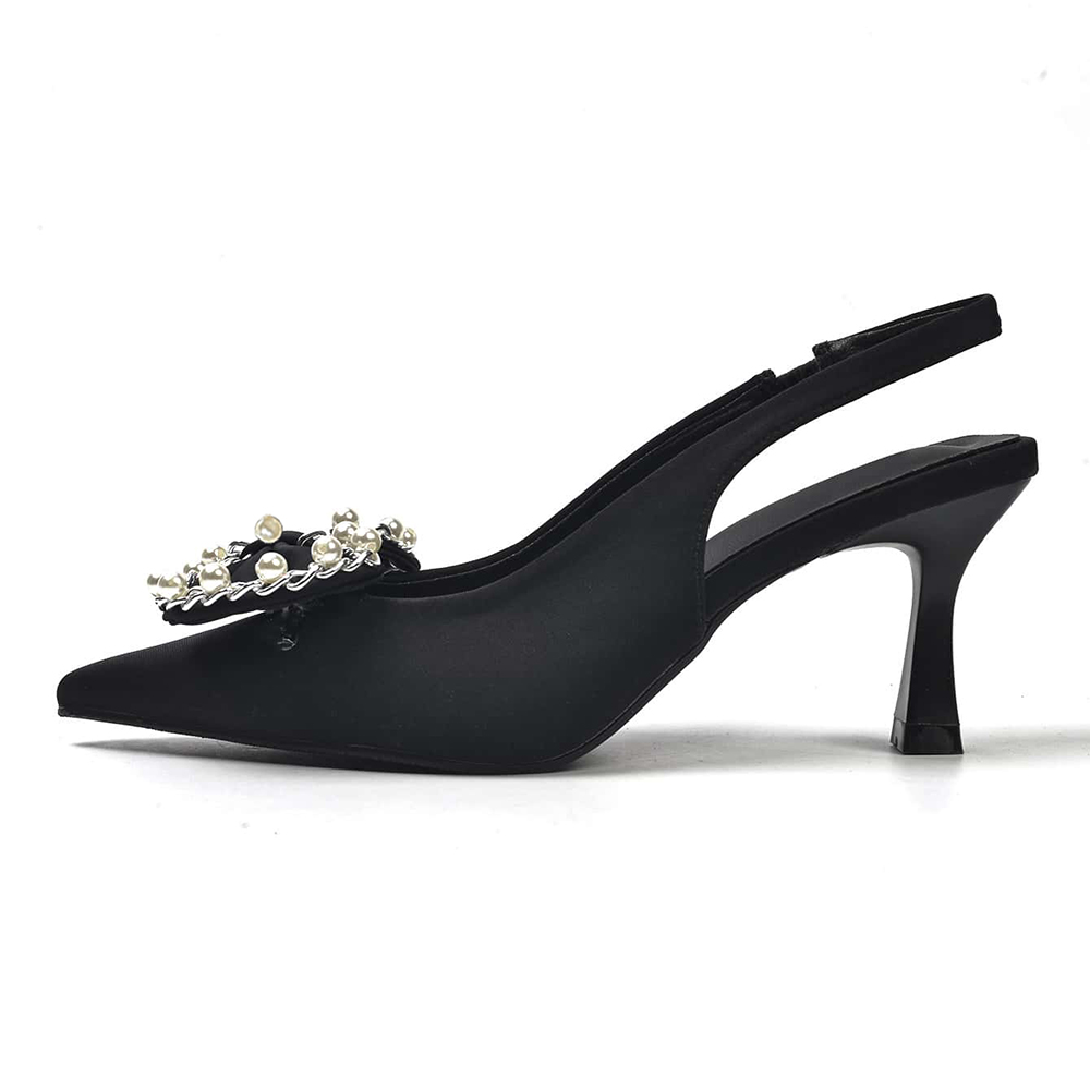 Elegant Satin Flared Heel Pointed Toe Pearl Bow Slingback Black Pumps Nicepairs