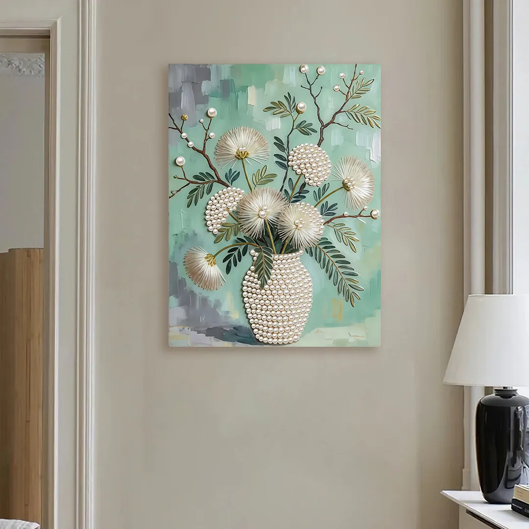DIY Dandelion Vase Pearl Painting Kit for Adults Beginners Gift Idea Home Wall Decor Pearl Gem Paintings Picture Arts Craft 30x40cm with Frame