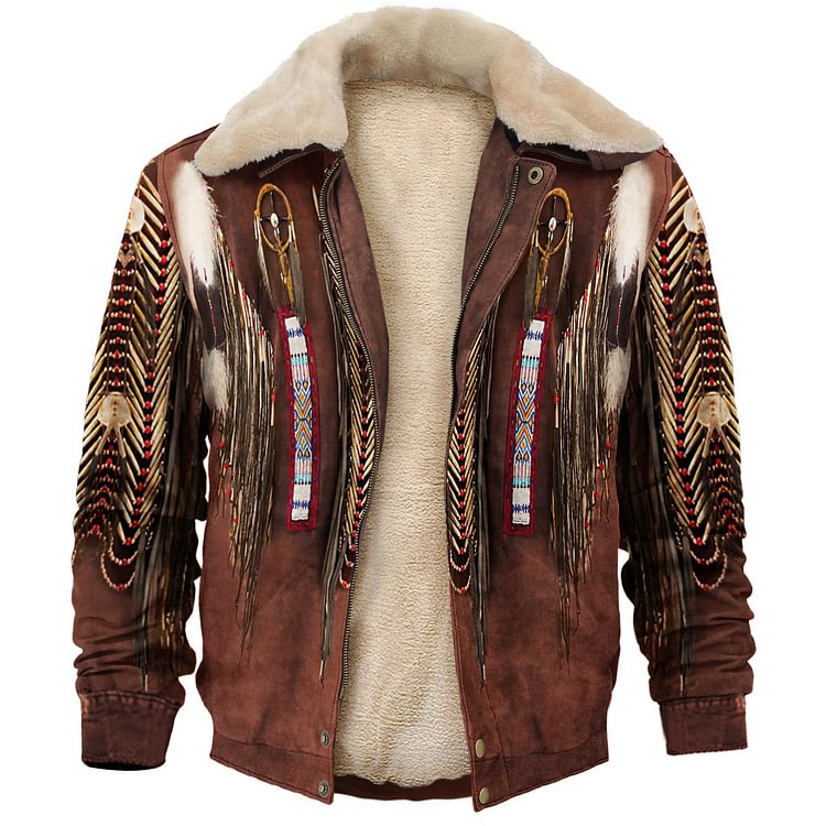 Retro American Western Ffeather Fringed Denim Jacket Print Unisex Deluxe Outerwear