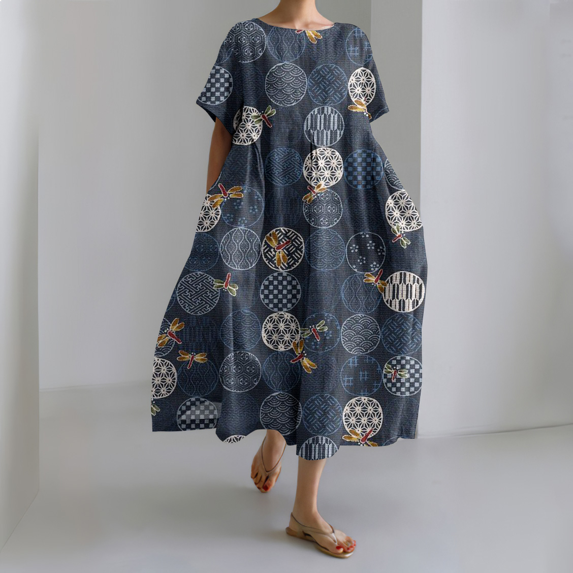 Comstylish Vintage Japanese Art Print Round Neck Loose Midi Dress