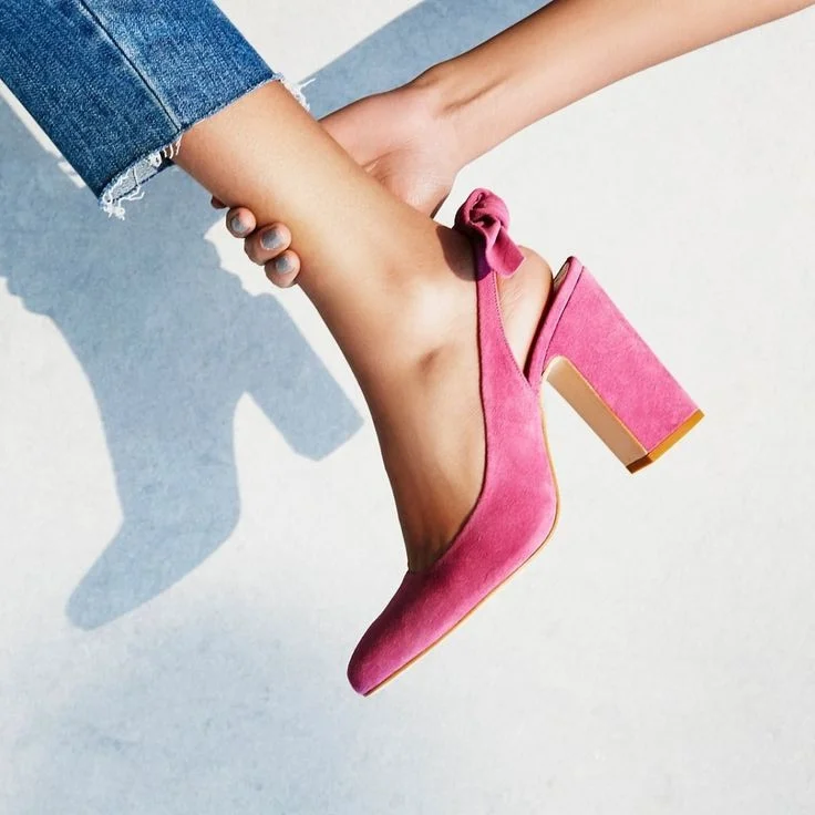 Pink Bow Suede Chunky Heel Commuting Slingback Pumps Vdcoo