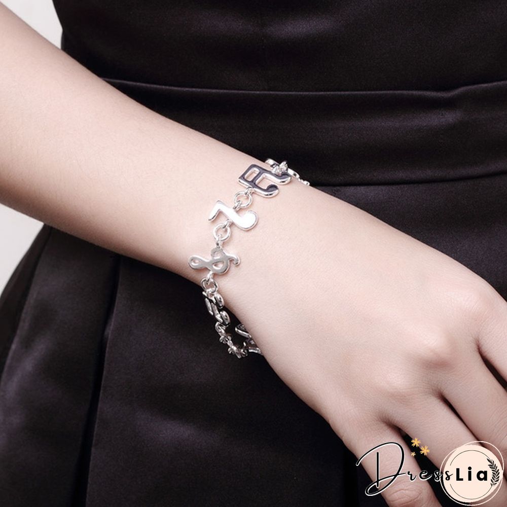 New Women 925 Sterling Silver Plated Charm Cute Music Note Chain Bracelet Bangle