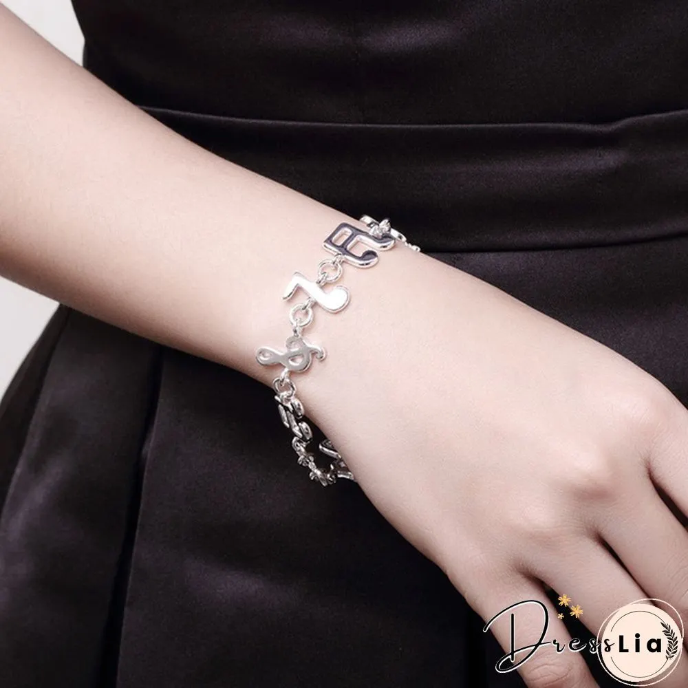 New Women 925 Sterling Silver Plated Charm Cute Music Note Chain Bracelet Bangle