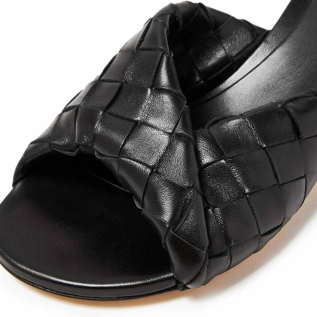Stylish Black Round Toe Kitten Heel Woven Slip On Mules Shoes