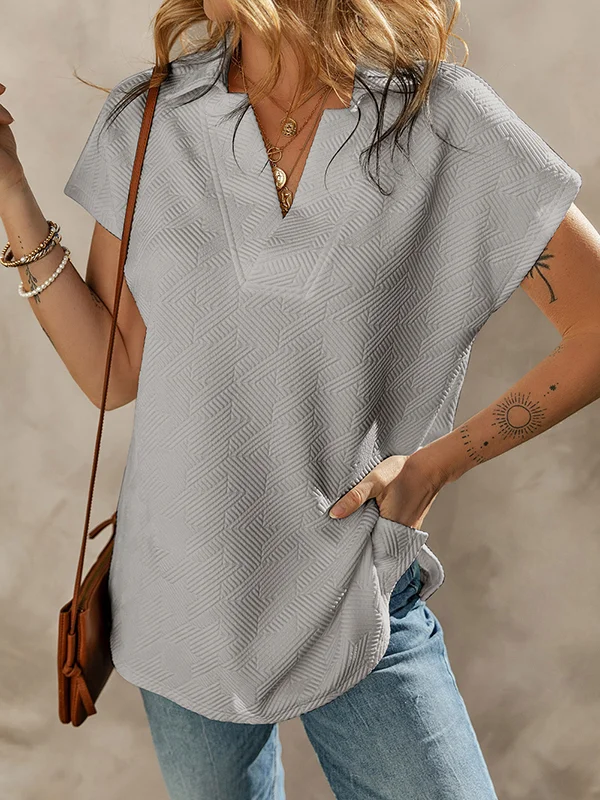 Solid Color Loose Short Sleeves V-Neck T-Shirts Tops