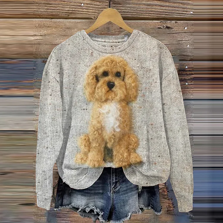 Cute Dog Art Printed Casual Round Neck Sweatshirt