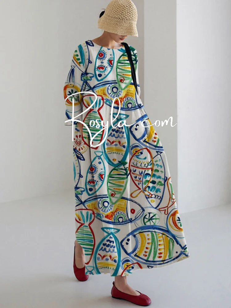 Women's Casual Colorful Fish Print Long Sleeve Midi Dress