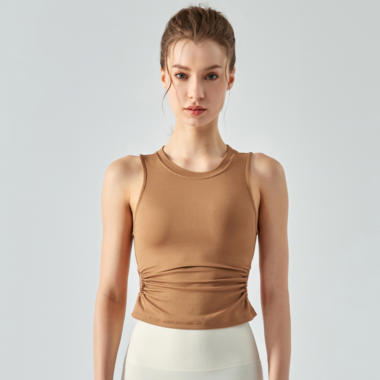 Buy Hergymclothing Oatmeal Brown women's fashion sports vest stretchable workout polyester spandex tank tops with built in pads online