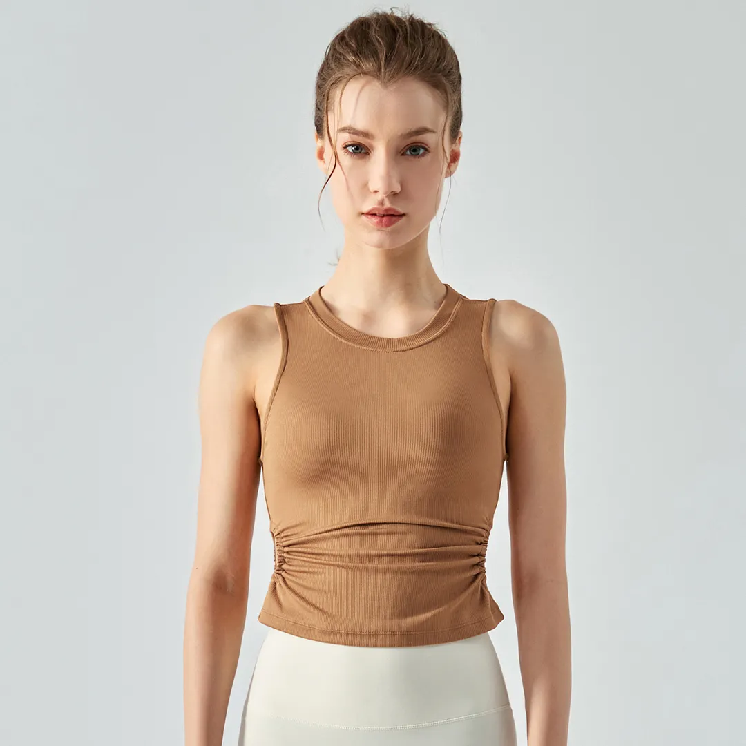 Buy Hergymclothing Oatmeal Brown women's fashion sports vest stretchable workout polyester spandex tank tops with built in pads online