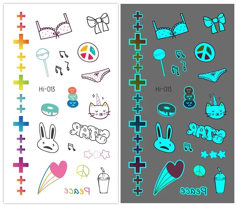 15 kinds Cute Small Blue Light Luminous Temporary Tattoo Face Hand Sticker Party Disposable Noctilucent tatouage temporaire