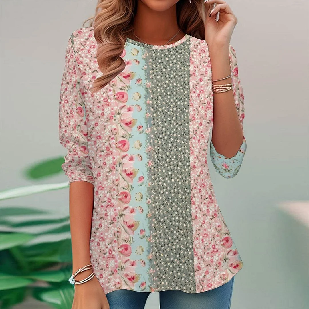 Vintage Printed Long Sleeve Plus Size Tunic for  Women and Men Unisex Pattern Floral,Pink,Green,Stitch