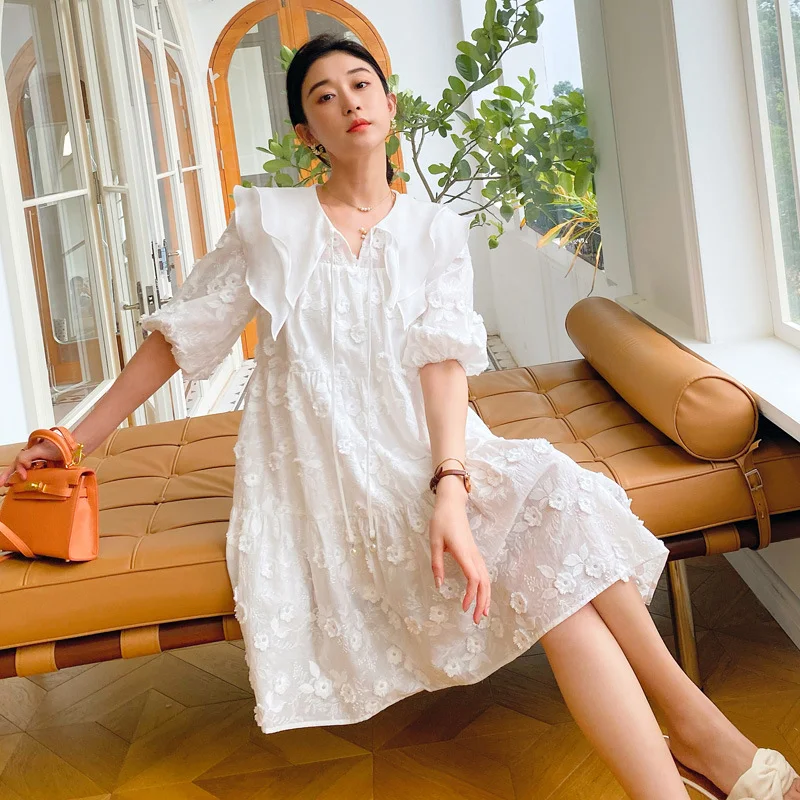 Uveng Uveng Dress New French Design Three-Dimensional Flower Embroidered White Temperament Gebere Nan Oil Women's Dress Fairy