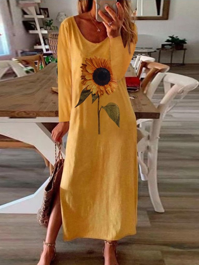 Women's Dresses Sunflower Print Slit Long Sleeve Dress MusePointer